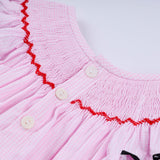 Red character hand smocked plaid ruffle bubble