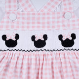 Pink character hand smocked gingham ruffle dress