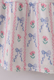 Blue floral bow print smocked mom dress