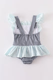 Mint crab embroidery ruffle one-piece girl swimsuit