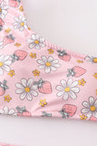 Pink floral strawberry print women swimsuit