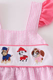 Pink seersucker Character embroidery ruffle bubble