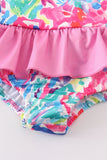 Pink floral print smocked one-piece girl swimsuit