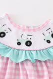 Pink tractor embroidery plaid girl bubble