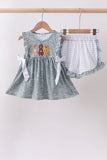 Floral puppy embroidery ruffle shorts set