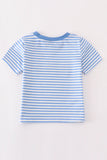 Blue construction trucks embroidery stripe boy top