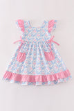 Pink bow print ruffle dress