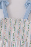 Blue floral print smocked women dress