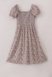 Fall floral print smocked mom dress