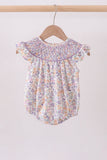 Purple Floral Smocked Ruffle Bubble