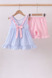 Blue Crab Embroidered Seersucker Ruffle Shorts Set