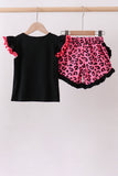 Black let's go girl boots leopard ruffle shorts set