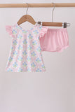 Pink hydrangea bow print ruffle bloomer set