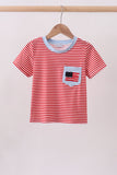 Red stripe flag french knot top