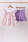 Purple rose bow smocked ruffle shorts set