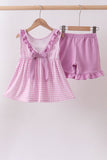 Pink floral bow smocked ruffle shorts set