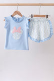 Blue character applique ruffle shorts set
