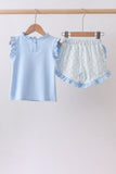 Blue character applique ruffle shorts set