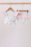 Rainbow stripe butterfly smocked ruffle 2pc swimsuit