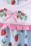 Blue Strawberry Embroidered Ruffle Bow Bubble