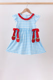 Blue Apple Appliqué Gingham Ruffle Dress