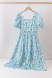 Blue Floral Tiered Women Dress