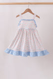 Blue Floral Print Ruffle Dress