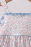 Blue Floral Print Ruffle Dress