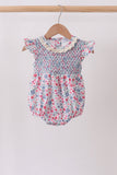 Blue Floral Smocked Ruffle Bubble