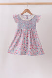 Blue Floral Smocked Ruffle Dress