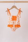 Orange Floral Print Ruffle Swimsuit