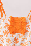 Orange Floral Print Ruffle Swimsuit
