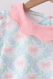 Pink Floral Bow Print Scalloped Shorts Set
