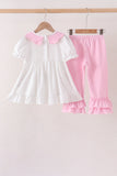 Pink Prayer Embroidery Ruffle Pants Set