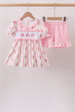 Pink Pumpkin Embroidery Ruffle Shorts Set