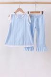 Blue Jacquard Lace Ruffle Pants Set