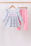 Blue Bow Smocked Gingham Pants Set