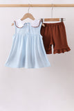 Blue Stripe Football French Knot Ruffle Shorts Set