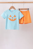 Blue Jack-O-Lantern Applique Gingham Shorts Set