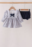 Navy Floral Bow Smocked Bloomer Set