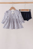 Navy Floral Bow Smocked Bloomer Set