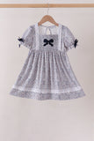 Navy Floral Bow Smocked Dress