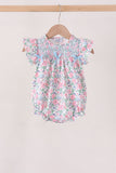 Blue Floral Smocked Ruffle Bubble