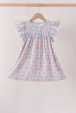 Blue Floral Smocked Ruffle Dress