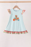 Blue Puppy Pumpkin Embroidery Gingham Ruffle Dress