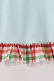 Blue Puppy Pumpkin Embroidery Gingham Ruffle Dress