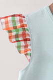 Blue Puppy Pumpkin Embroidery Gingham Ruffle Dress