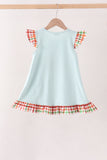Blue Puppy Pumpkin Embroidery Gingham Ruffle Dress
