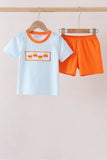 Blue Gingham Candy Corn Embroidery Shorts Set