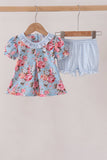 Blue rose floral ruffle bloomer set